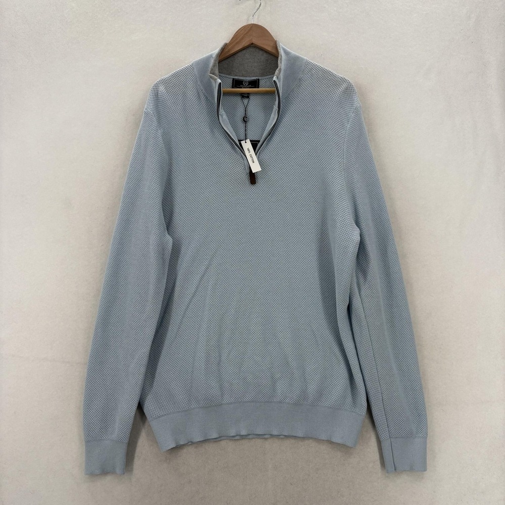 Magaschoni Sweater Mens Large Blue 100% Cotton Mock Neck 1/4 Zip Waffle Knit